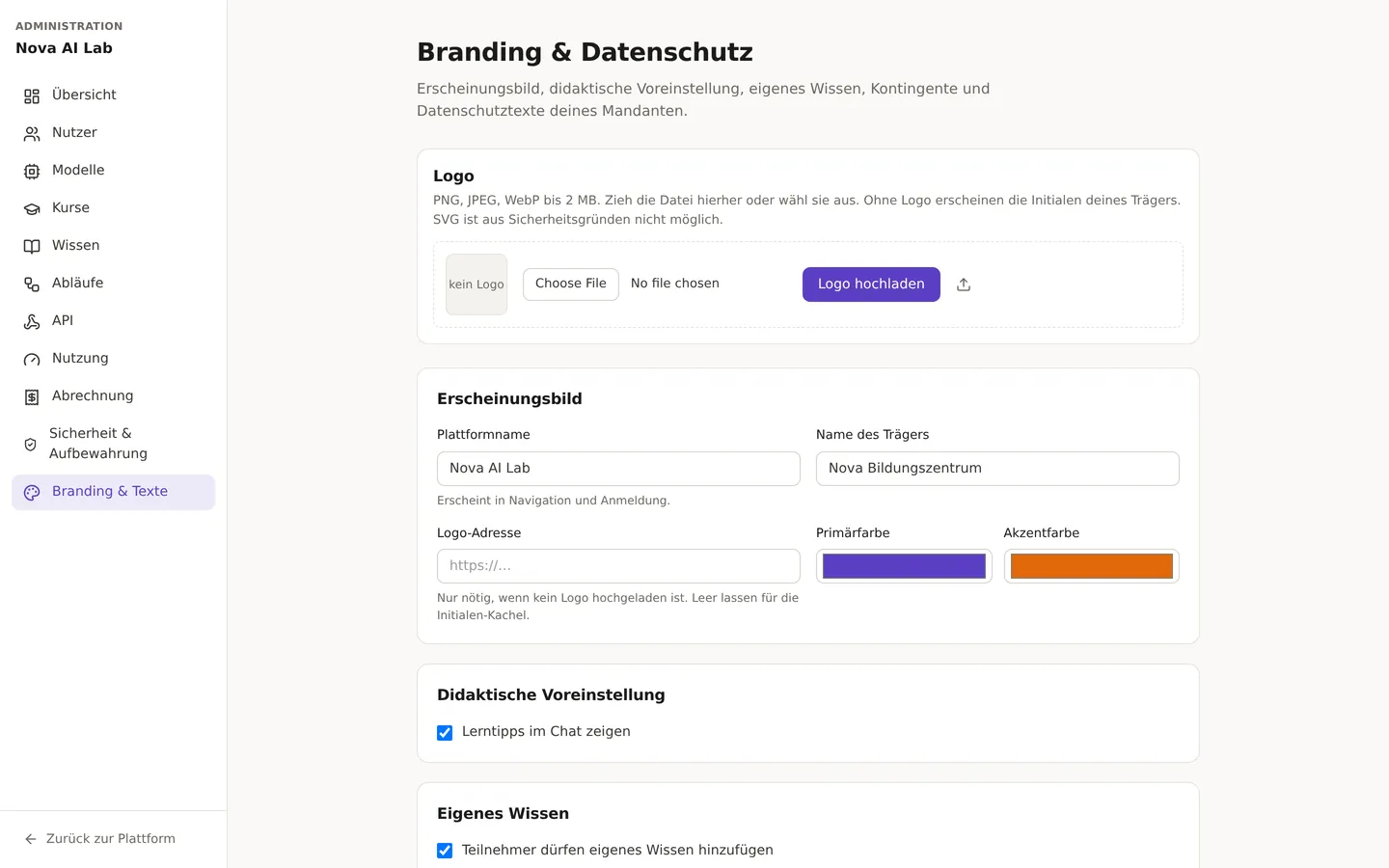 Verwaltungsbereich: Branding, Plattformname, Primär- und Akzentfarbe