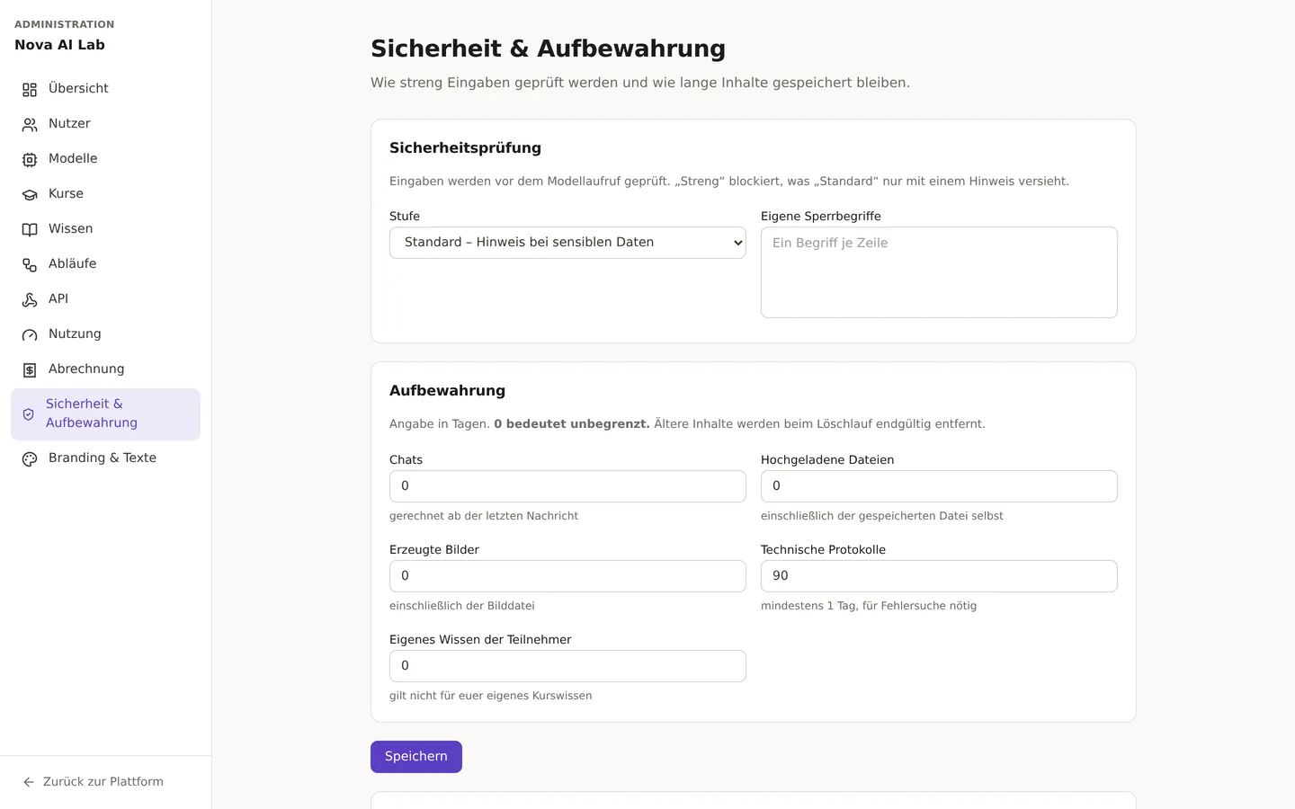 Verwaltungsbereich: Prüfstufe und Löschfristen je Inhaltsart