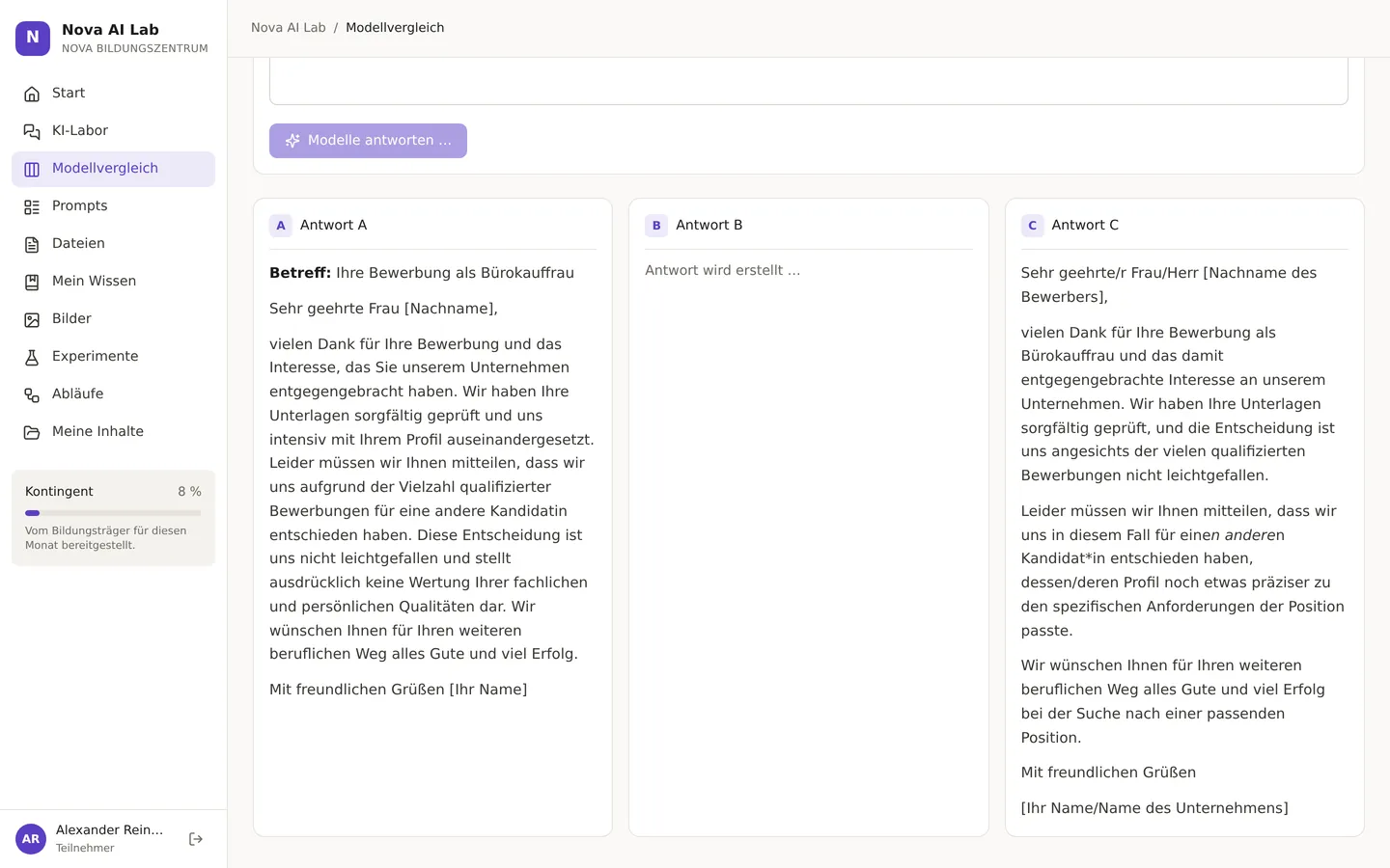 Blindvergleich dreier Modellantworten nebeneinander