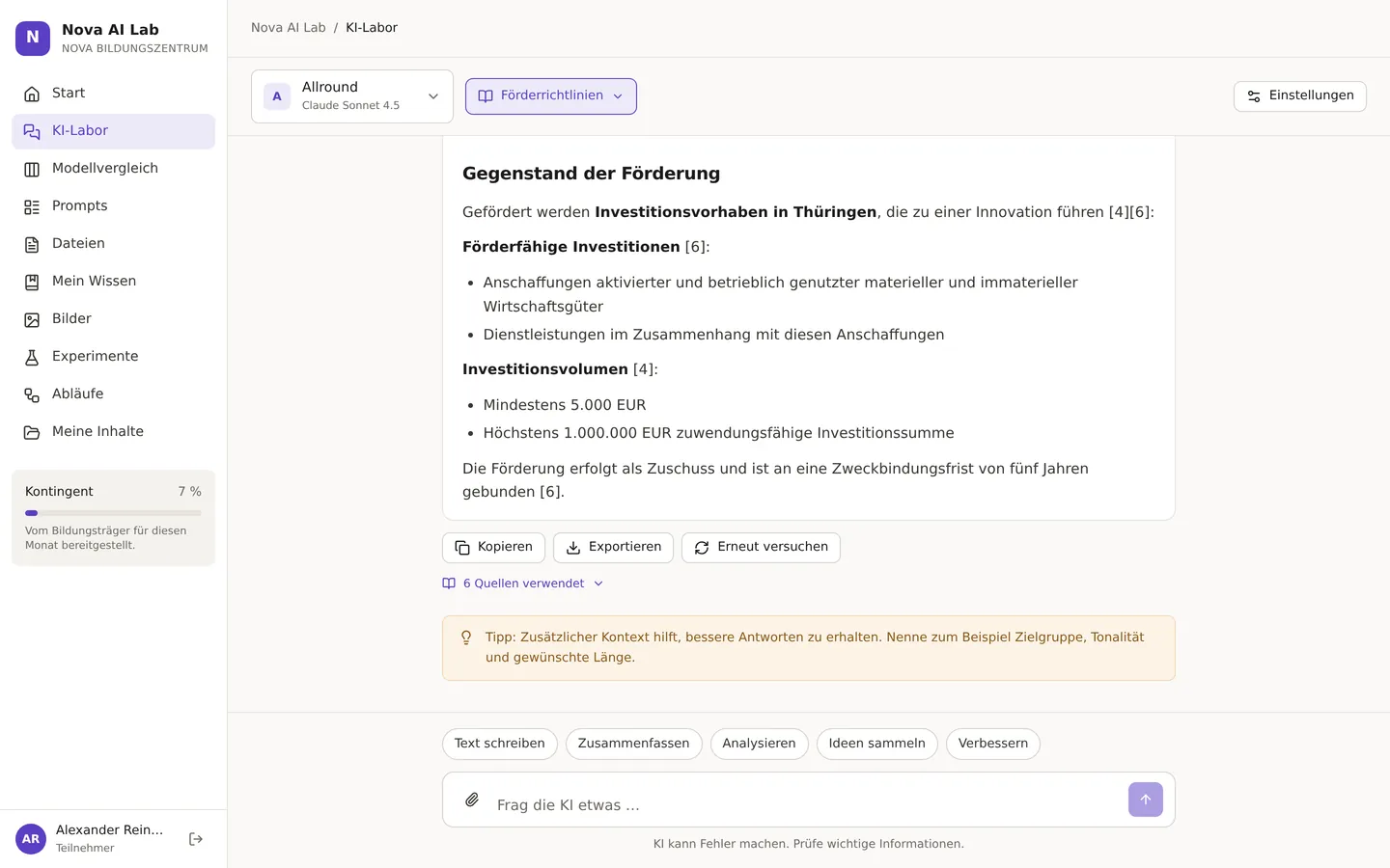 Antwort im KI-Labor mit Quellenangabe und Lerntipp