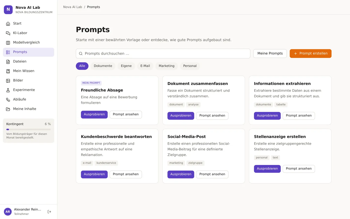 Prompt-Bibliothek mit Vorlagen und eigenen Prompts