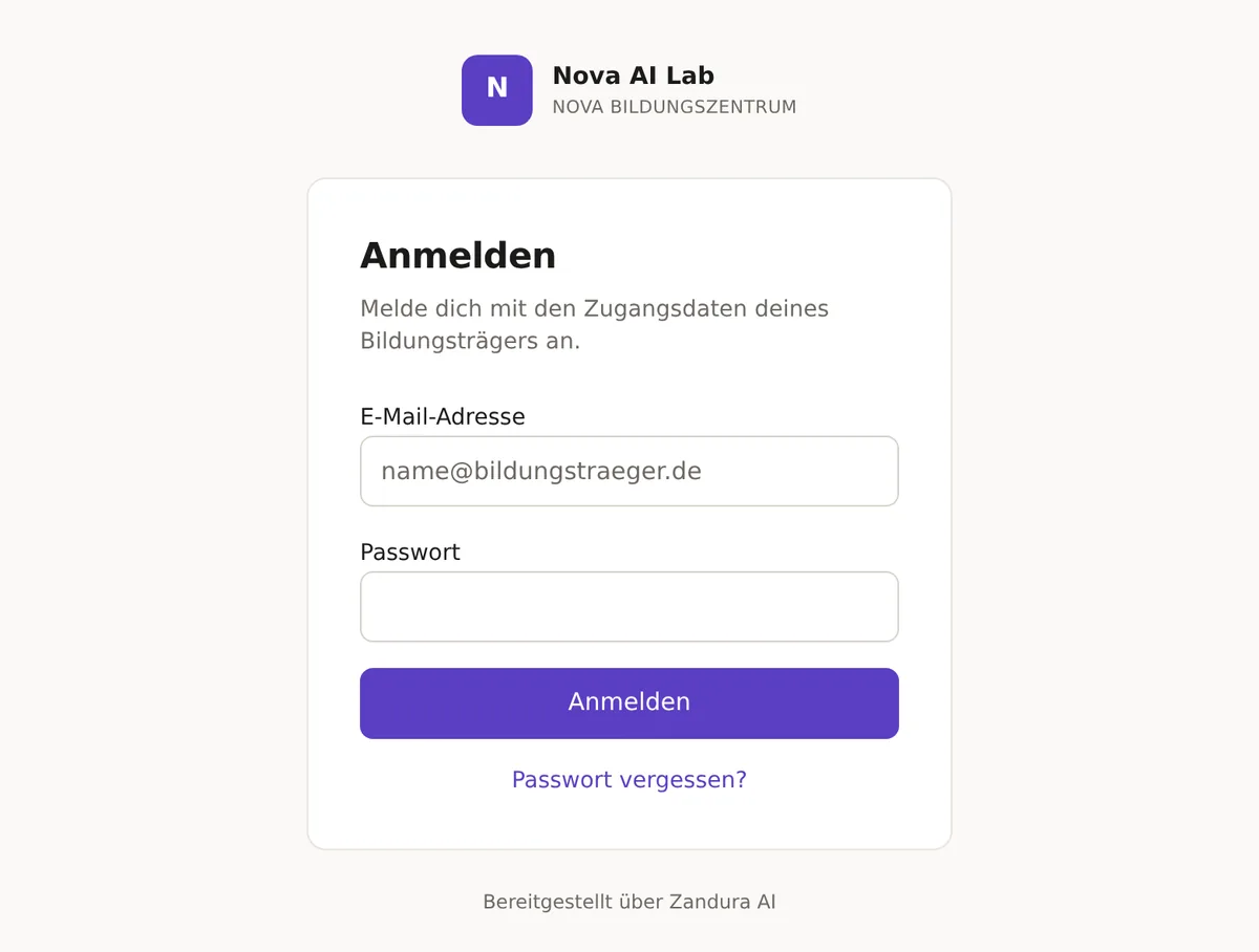 Anmeldeseite mit Logo und Namen des Bildungsträgers