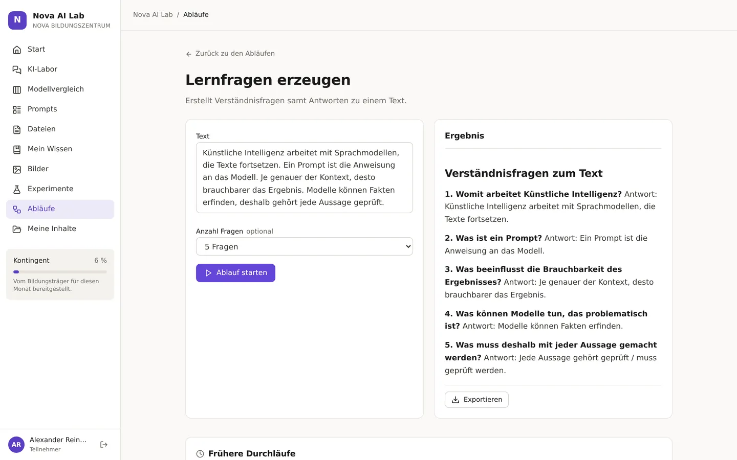 Ablauf „Lernfragen erzeugen“ mit Formular und Ergebnis